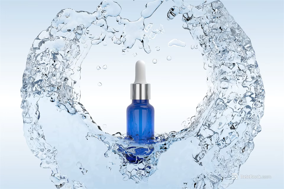 Fresh Perfume Cosmetics Blue Dropper Bottle Surrounded By Circular Water Splash Ring 3d model