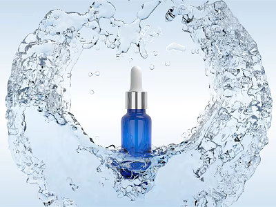 Fresh Perfume Cosmetics Blue Dropper Bottle Surrounded By Circular Water Splash Ring 3d model