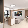 Modern Living and Dining Room Interior With Open Layout TV Wall Sofa and Books