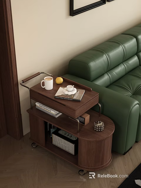 Wooden Side Table With Storage Shelf Coffee Cup Lemon And Magazine By Green Leather Sofa 3d model 