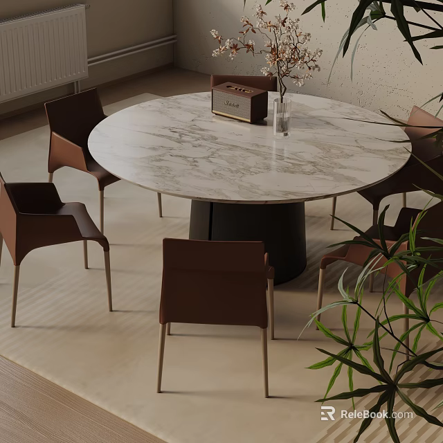 Elegant Round Marble Dining Table Set With Brown Chairs Black Legs In Modern Interior 3d model 