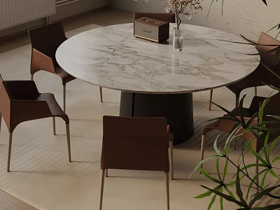 Elegant Round Marble Dining Table Set With Brown Chairs Black Legs In Modern Interior 3d model