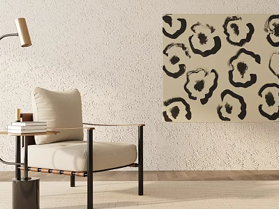 Stylish Accent Chair with Light Colored Wall Black Floral Pattern Wall Art and Modern Floor Lamp 3d model