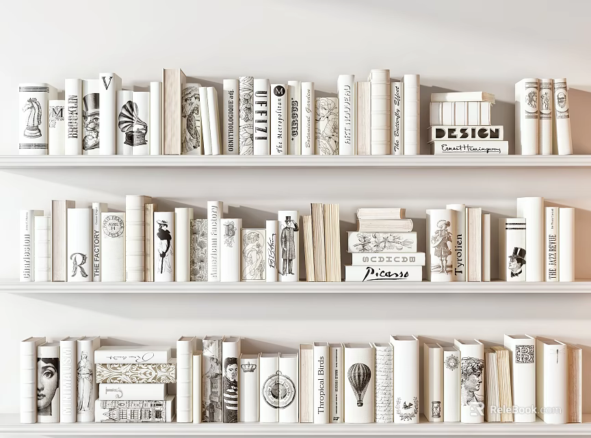 Curated Books Magazines Collection On White Shelf With Stylish Design Covers 3d model 