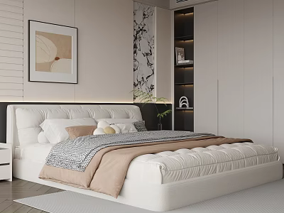 Modern Bedroom With White Upholstered Double Bed Gray And Beige Bedding 3d model