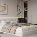 Modern Bedroom With White Upholstered Double Bed Gray And Beige Bedding 3d model