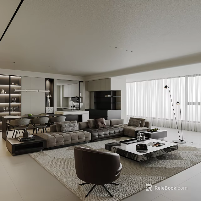 Modern Living Dining Room Interior With Comfortable Sofa Dining Table Floor Lamp And Large Windows 3d model 