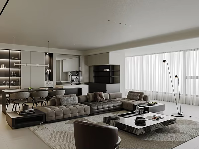 Modern Living Dining Room Interior With Comfortable Sofa Dining Table Floor Lamp And Large Windows 3d model