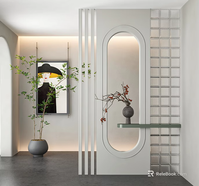 Modern Elegant Interior Partition With White Oval Doorway Green Plants Decorative Painting And Lattice 3d model 