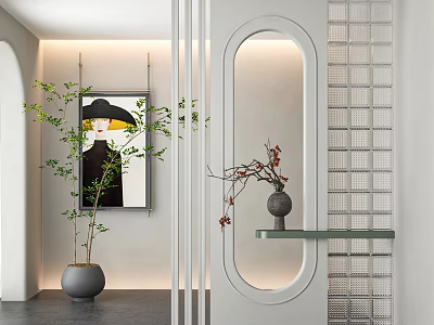 Modern Elegant Interior Partition With White Oval Doorway Green Plants Decorative Painting And Lattice 3d model