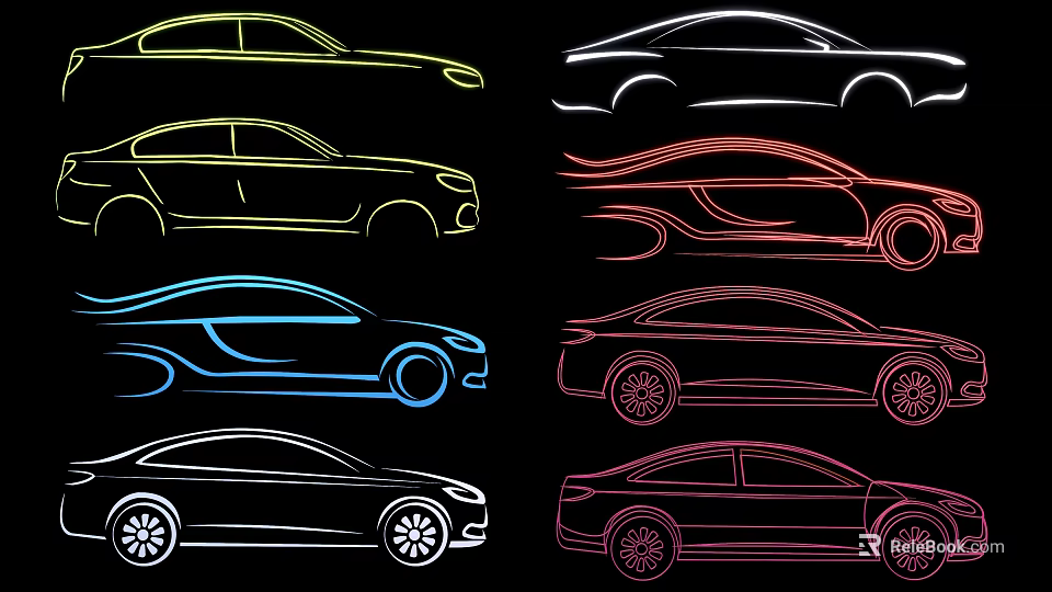 Colorful Line Art Car Silhouettes Featuring Various Models And Stylish Outlines 3d model 