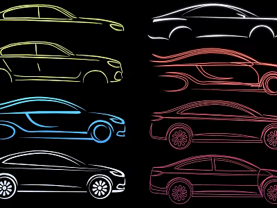 Colorful Line Art Car Silhouettes Featuring Various Models And Stylish Outlines 3d model