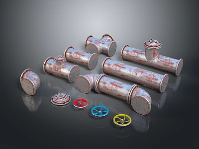 Rusty Metal Pipe Fittings With Various Shapes And Colorful Industrial Wheels On Dark Surface 3d model