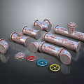 Rusty Metal Pipe Fittings With Various Shapes And Colorful Industrial Wheels On Dark Surface