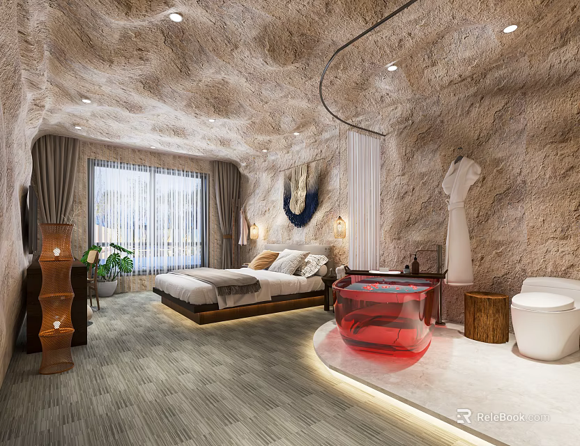 Cave Like Stone Wall Hotel Guest Room With Bed Red Bathtub Window And Green Plant 3d model 