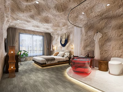 Cave Like Stone Wall Hotel Guest Room With Bed Red Bathtub Window And Green Plant 3d model