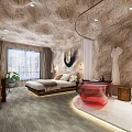 Cave Like Stone Wall Hotel Guest Room With Bed Red Bathtub Window And Green Plant