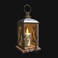 Vintage Candle Lantern Featuring Wooden Frame Glass Panels Metallic Top and Lit Candle