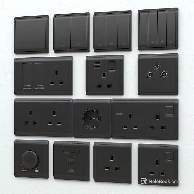 Black Electrical Sockets Switches with USB Ports and Wall Plates for Home Use 3d model 