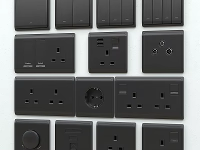 Black Electrical Sockets Switches with USB Ports and Wall Plates for Home Use 3d model