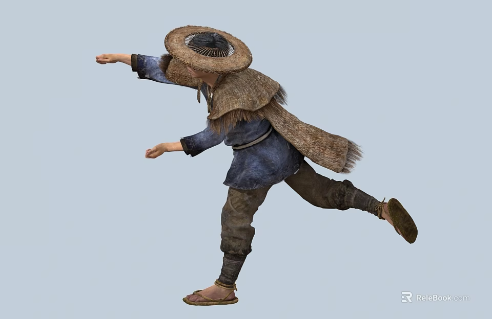 Man Wearing Straw Hat and Straw Raincoat Running with Dynamic Posture 3d model 