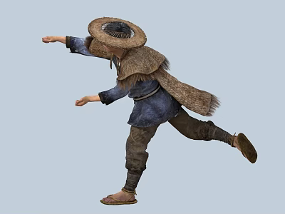Man Wearing Straw Hat and Straw Raincoat Running with Dynamic Posture 3d model