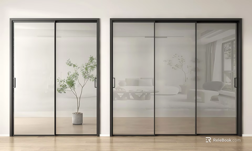 Modern Glass Sliding Doors with Black Frames in Modern Interior Living Space Featuring Wooden Floor 3d model 