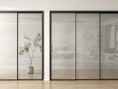 Modern Glass Sliding Doors with Black Frames in Modern Interior Living Space Featuring Wooden Floor 3d model