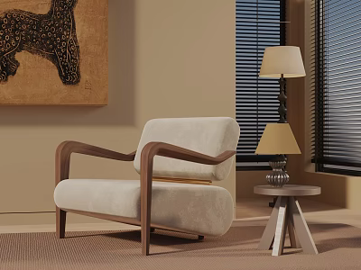 Modern Lounge Chair With Wooden Arms Beige Cushion And Side Table By Window 3d model
