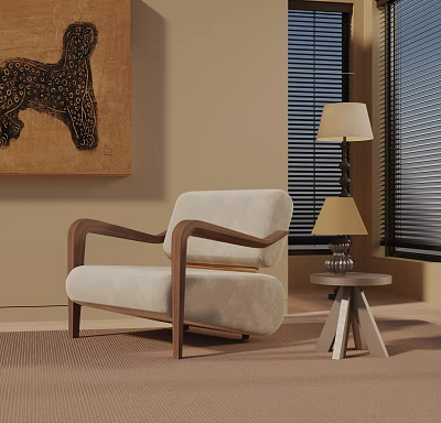 Modern Lounge Chair With Wooden Arms Beige Cushion And Side Table By Window 3d model