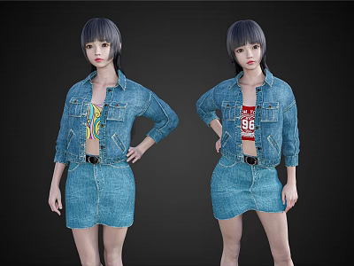 Woman in Denim Jacket and Skirt with Yellow Pattern Top and Red 66 T Shirt 3d model