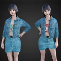 Woman in Denim Jacket and Skirt with Yellow Pattern Top and Red 66 T Shirt