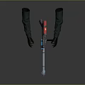 Futuristic Sci Fi Weapon With Metallic Body Red Blue Accents And Grip Gloves