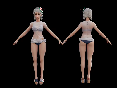 3D Female Character Model Front Back View With White Top Dark Shorts Headpiece And Sandals 3d model