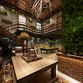 Modern Entertainment Room With Billiard Tables Wooden Staircase And Green Plant Decor