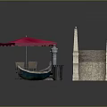 Scenic Outdoor Setting With Stone Bridge Red Umbrella Table Chairs And Gondola