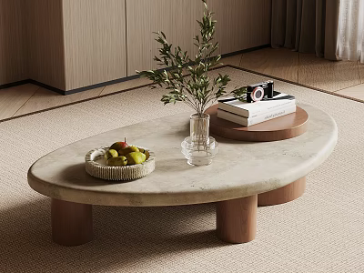 Oval Coffee Table with Marble Top Wooden Legs Wicker Basket Green Plant Books and Camera 3d model