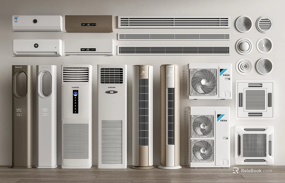 Different Types of Air Conditioners and Fans Featuring Wall Mounted Tower and Ceiling Units 3d model 