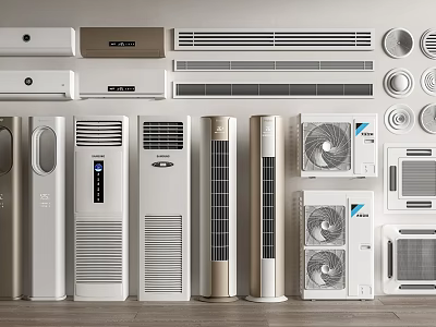 Different Types of Air Conditioners and Fans Featuring Wall Mounted Tower and Ceiling Units 3d model