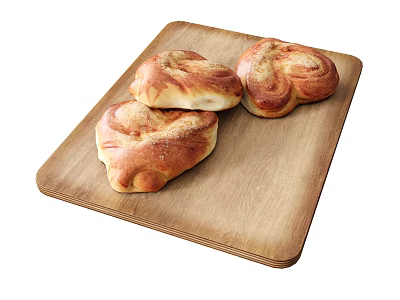 Three Freshly Baked Heart Shaped Bread Rolls on Wooden Cutting Board 3d model
