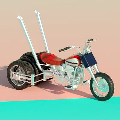 Custom Three Wheel Motorcycle With Red Seat Silver Body And Exhaust Pipes Design 3d model