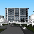 Mid Rise Apartment Building With Landscaped Garden Water Features Sculptures And Pedestrian Paths