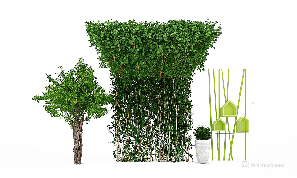Green Plant Wall With Small Tree White Flower Pot Decorative Sticks And Green House Ornaments 3d model 