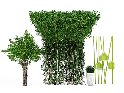 Green Plant Wall With Small Tree White Flower Pot Decorative Sticks And Green House Ornaments 3d model
