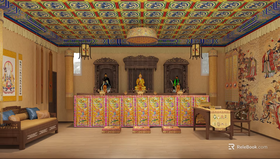 Religious Worship Interior With Colorful Ceiling Chandelier Three Statues Altar Traditional Decor And Prayer Mats 3d model 