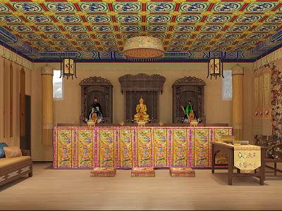 Religious Worship Interior With Colorful Ceiling Chandelier Three Statues Altar Traditional Decor And Prayer Mats 3d model
