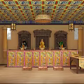 Religious Worship Interior With Colorful Ceiling Chandelier Three Statues Altar Traditional Decor And Prayer Mats