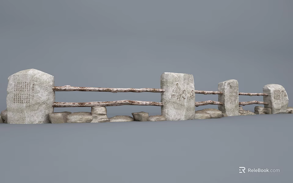 Rural Landscape With Weathered Stone Fence And Wooden Beams Between Pillars 3d model 