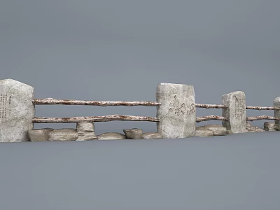 Rural Landscape With Weathered Stone Fence And Wooden Beams Between Pillars 3d model