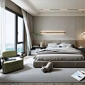 Modern Bedroom Interior With Large Bed Neutral Bedding Green Armchair And Floor To Ceiling Windows